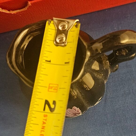 Vintage Mini Black Porcelain Purple Pink Flowers Pitcher Vase Vanity - Picture 4 of 5